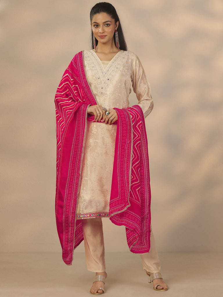 Libas Off White Woven Design Silk Blend Straight Suit Set With Dupatta