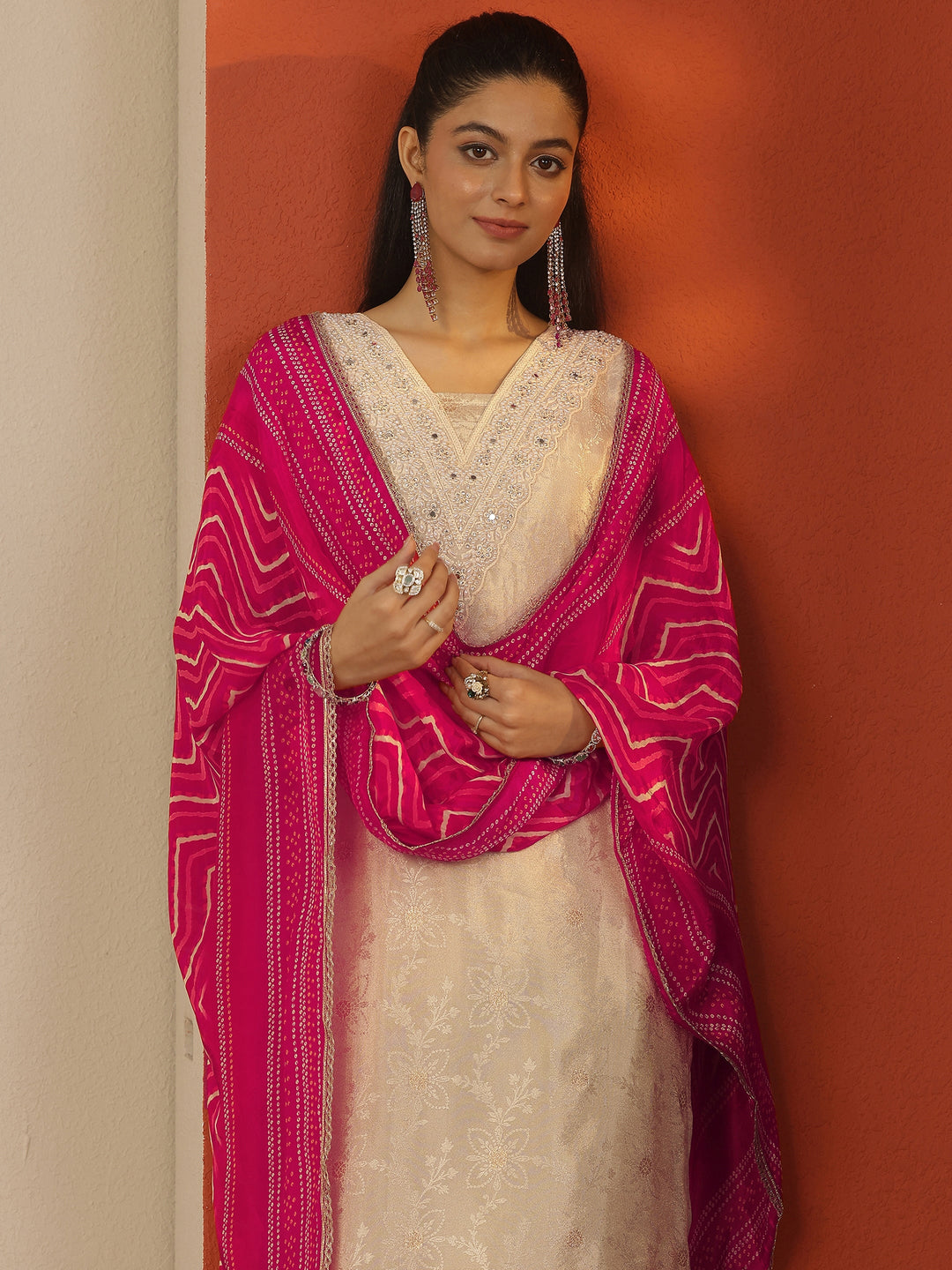  Off White Woven Design Silk Blend Straight Suit Set With Dupatta 