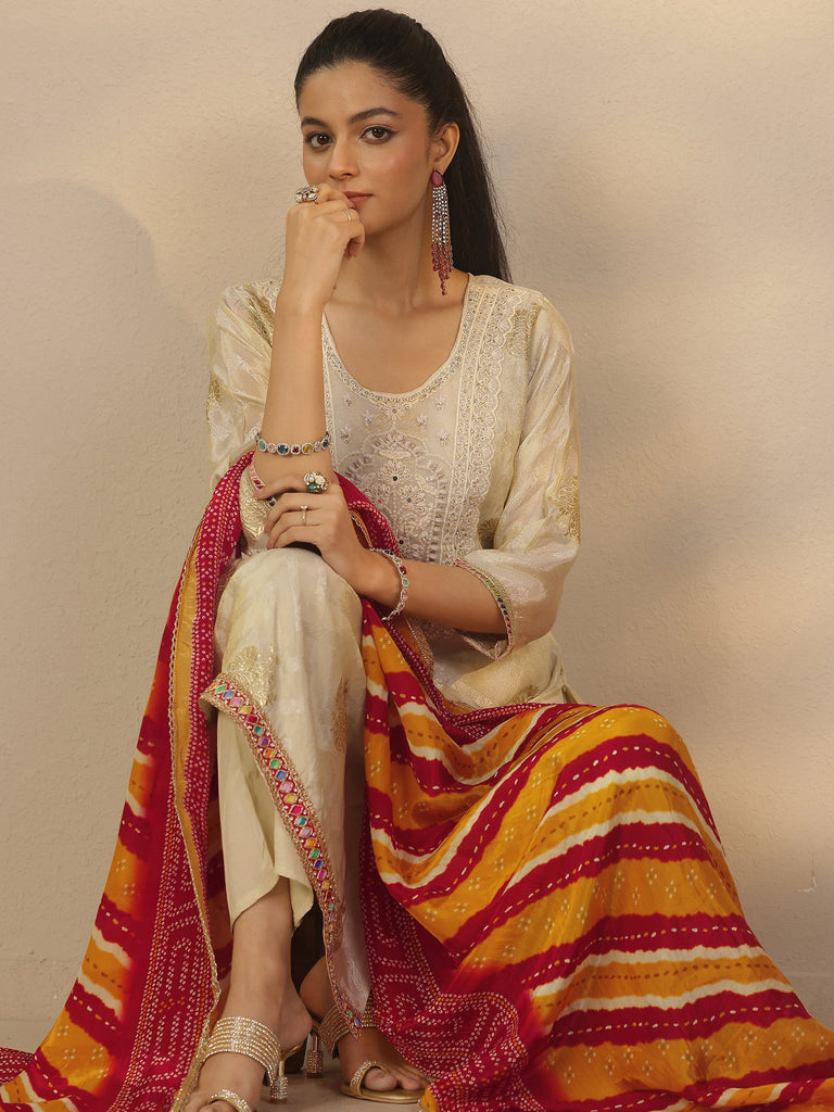 Libas Off White Woven Design Silk Blend Straight Suit Set With Dupatta