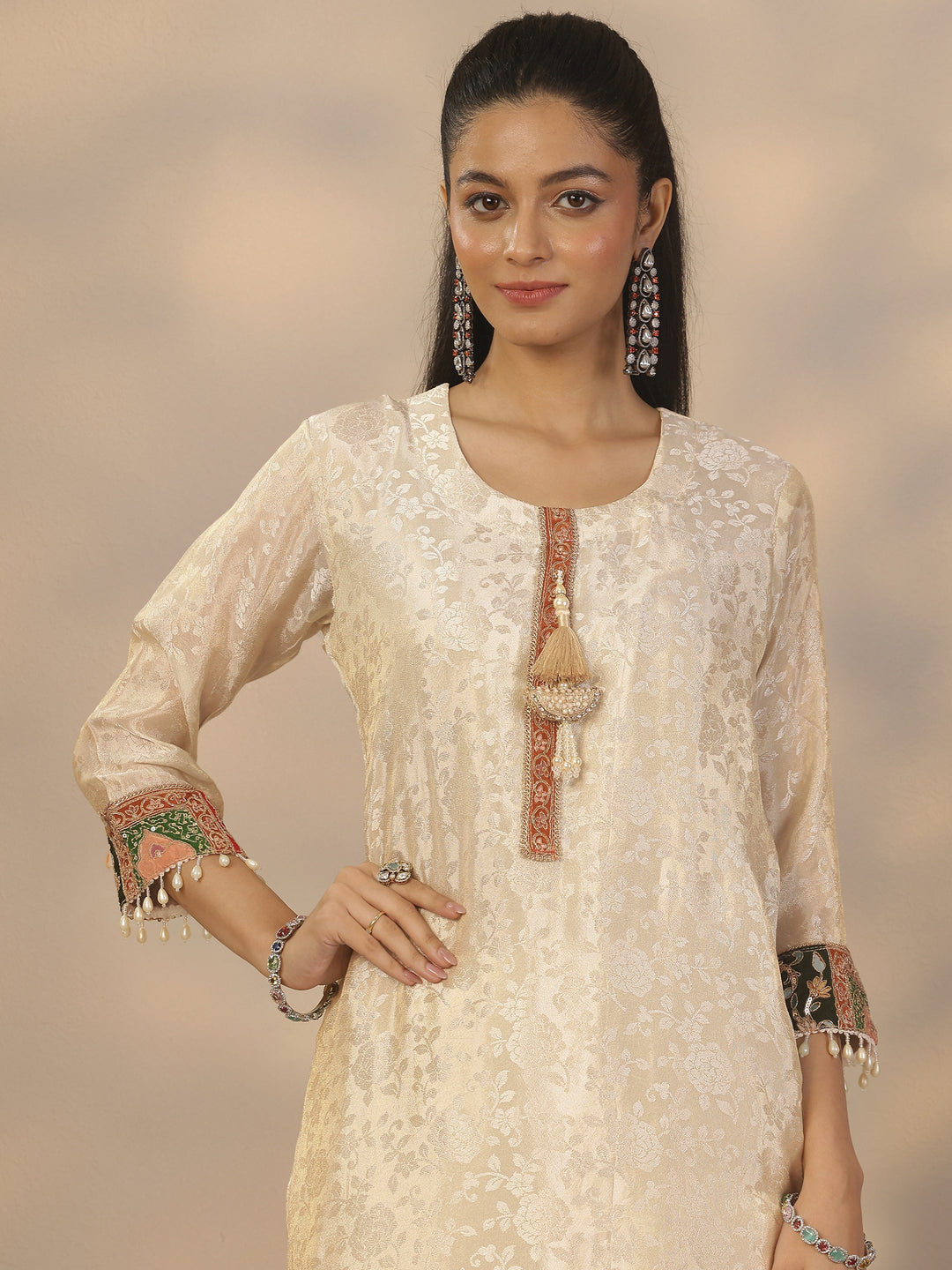  Off White Woven Design Silk Blend Straight Suit Set With Dupatta 