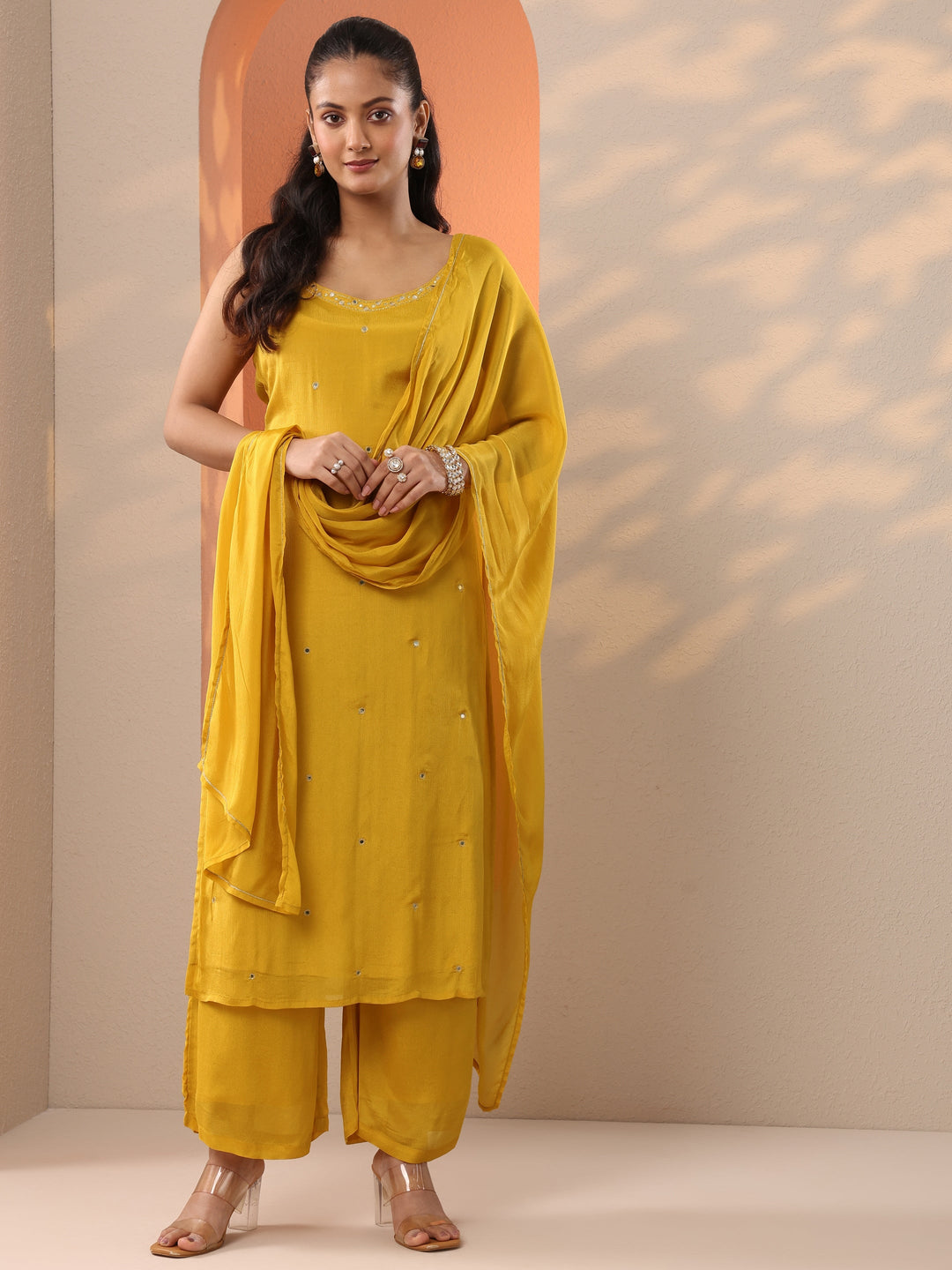  Yellow Embroidered Chinon Straight Suit Set With Dupatta 