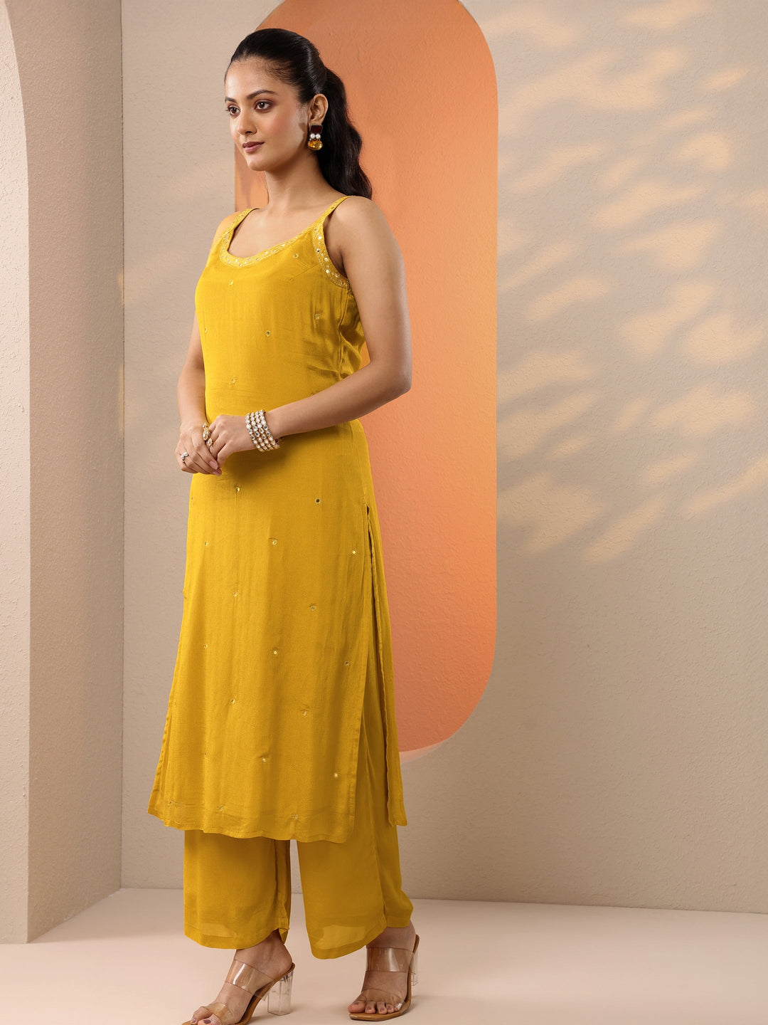  Yellow Embroidered Chinon Straight Suit Set With Dupatta 