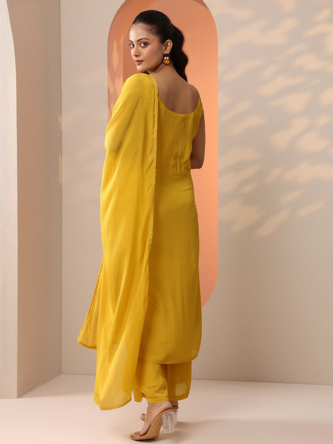  Yellow Embroidered Chinon Straight Suit Set With Dupatta 