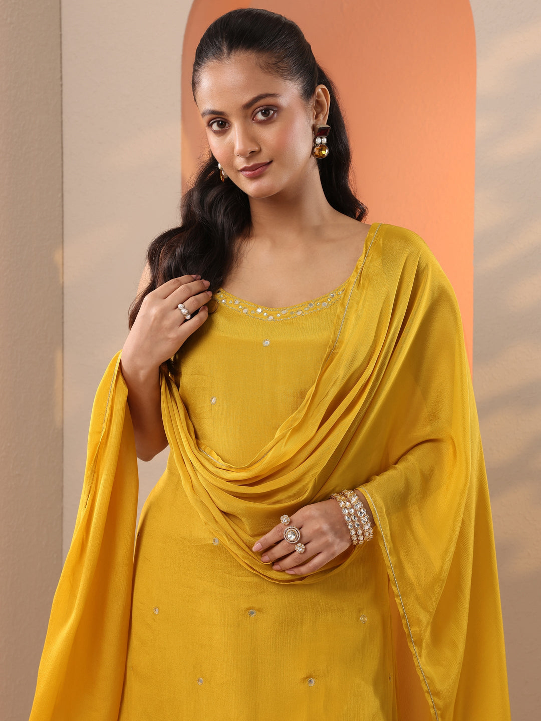  Yellow Embroidered Chinon Straight Suit Set With Dupatta 