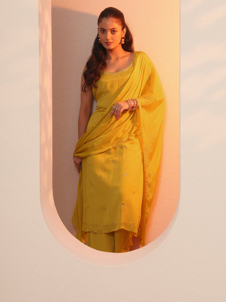 Libas Yellow Embroidered Chinon Straight Suit Set With Dupatta