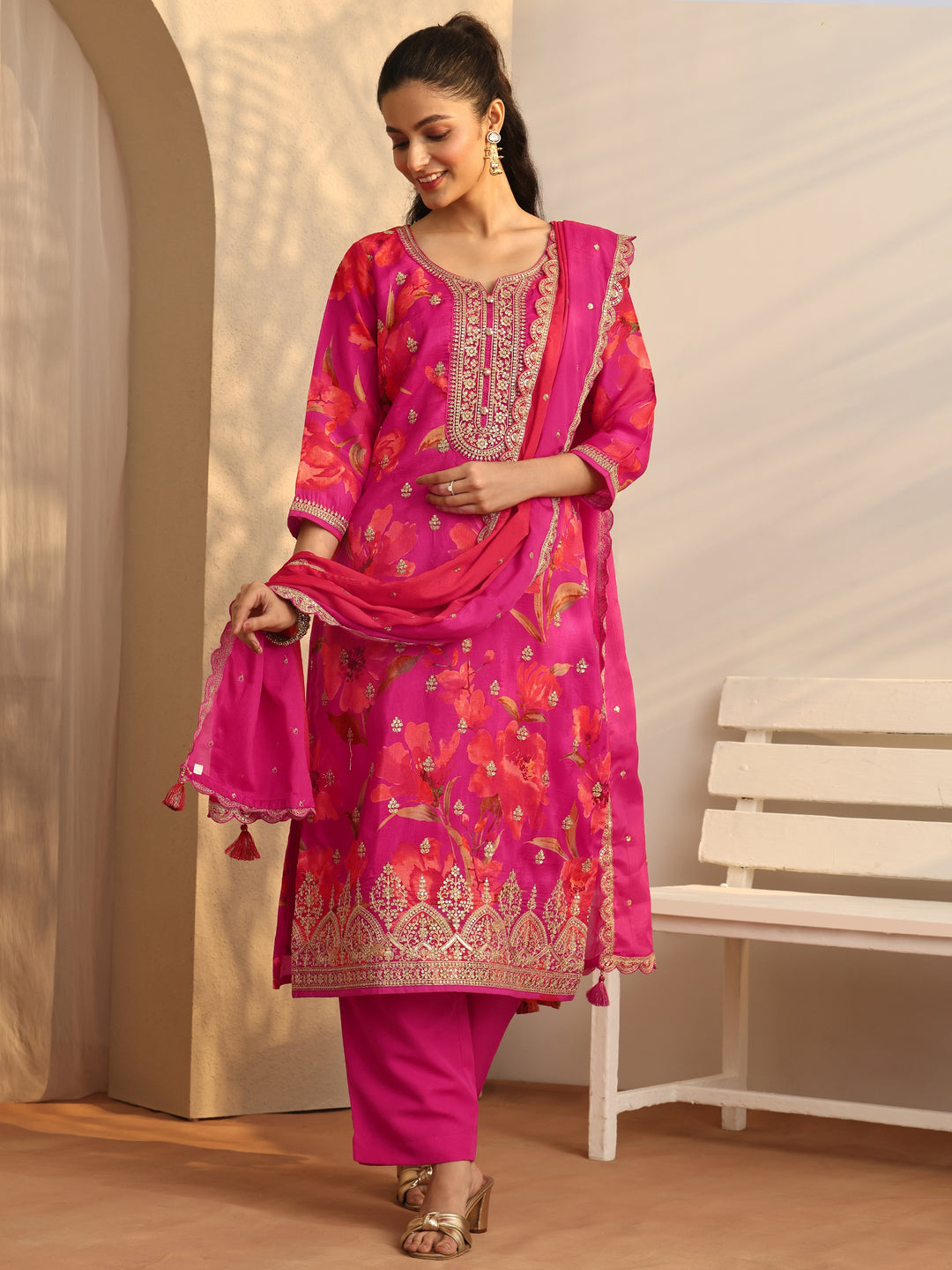  Pink Embroidered Silk Blend Straight Suit Set With Dupatta 
