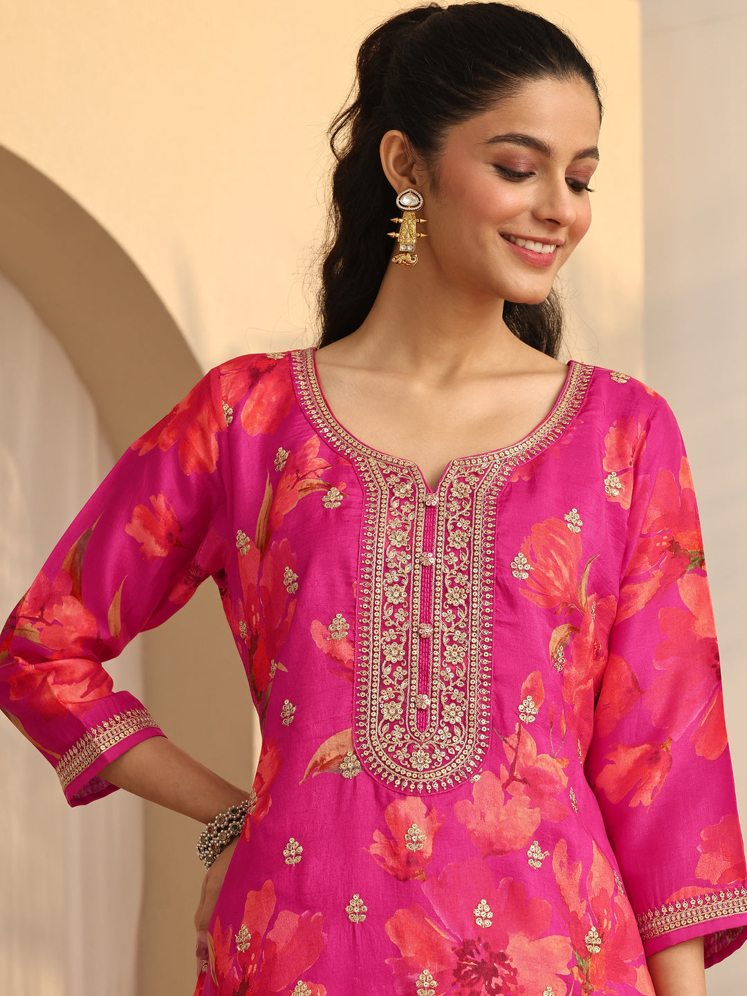  Pink Embroidered Silk Blend Straight Suit Set With Dupatta 