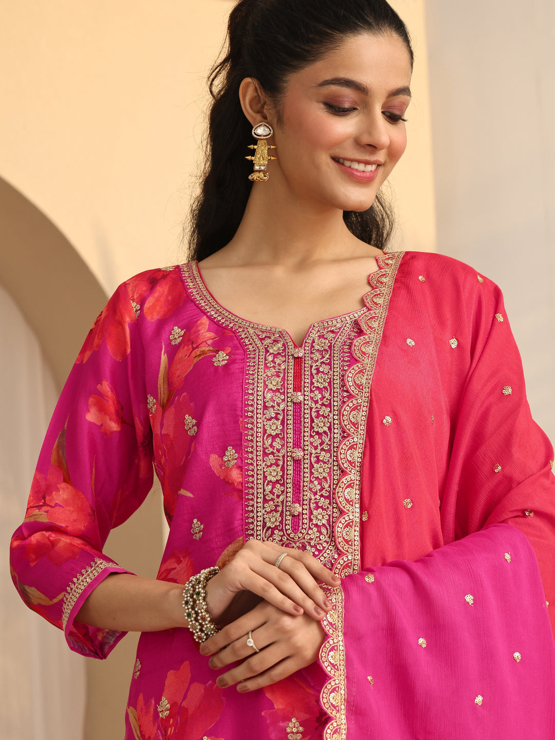  Pink Embroidered Silk Blend Straight Suit Set With Dupatta 