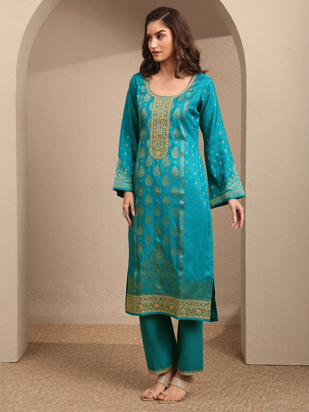  Blue Embroidered Silk Blend Straight Suit Set With Dupatta 