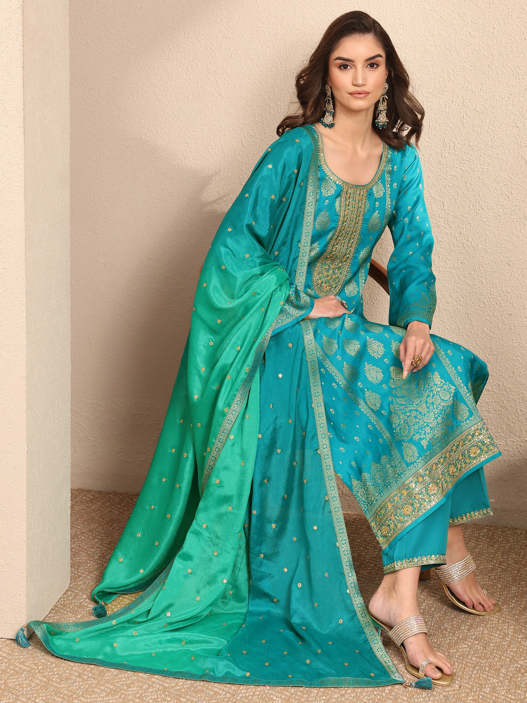 Blue Embroidered Silk Blend Straight Suit Set With Dupatta