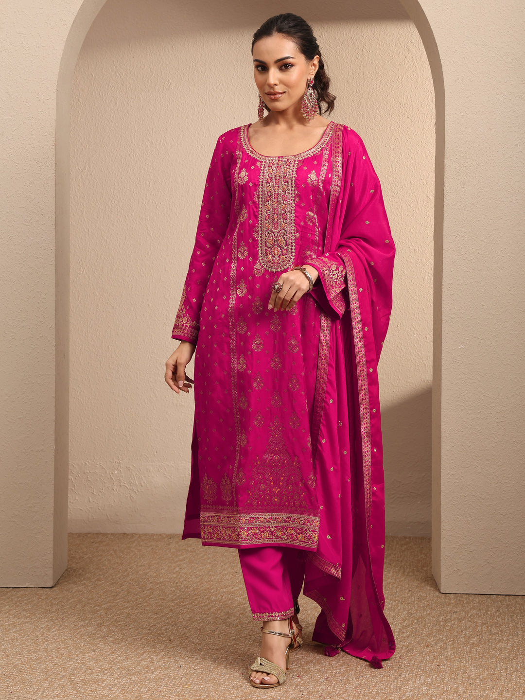  Pink Embroidered Silk Blend Straight Suit Set With Dupatta 