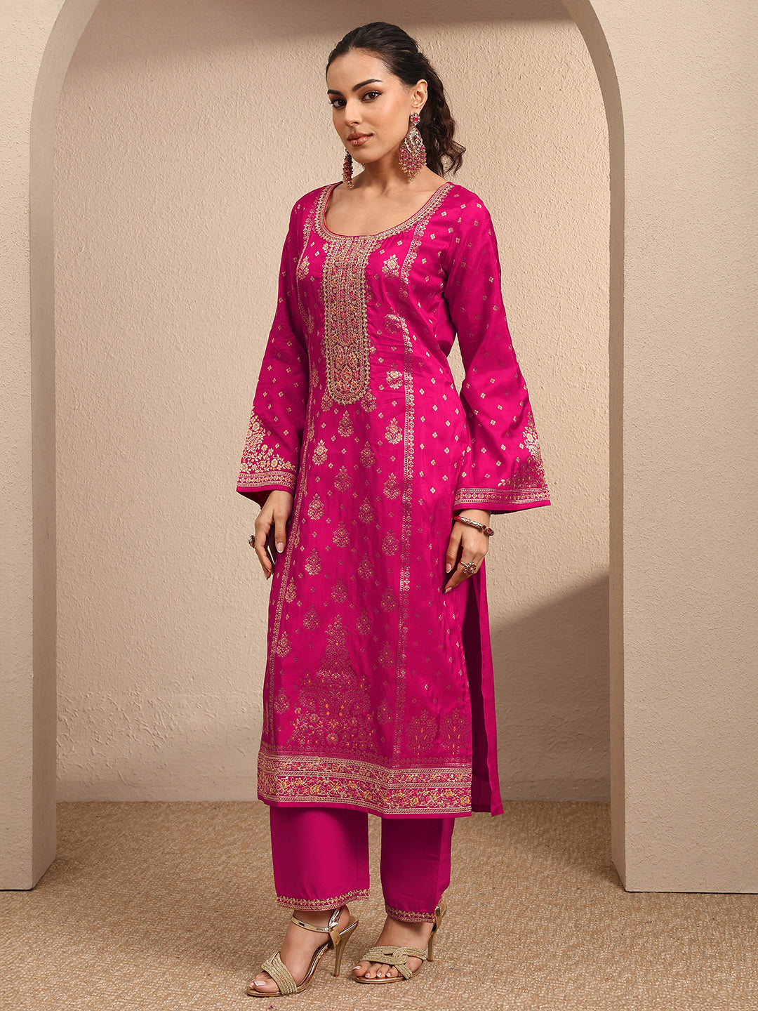  Libas Pink Embroidered Silk Blend Straight Suit Set With Dupatta 