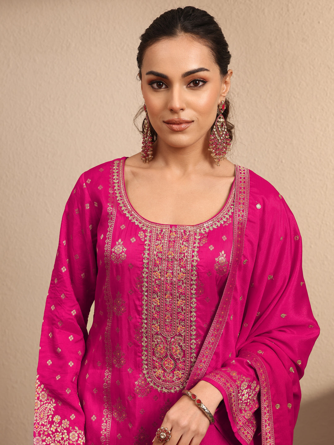  Pink Embroidered Silk Blend Straight Suit Set With Dupatta 