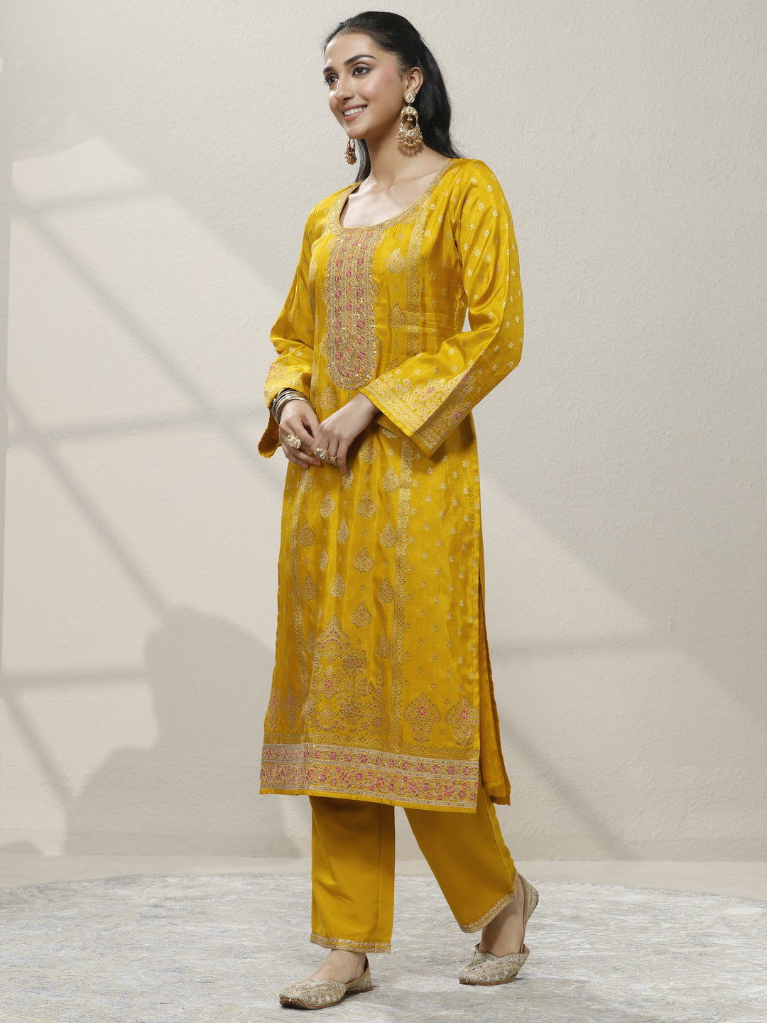  Mustard Embroidered Silk Blend Straight Suit Set With Dupatta 