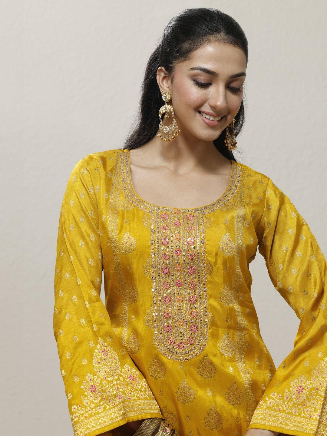  Mustard Embroidered Silk Blend Straight Suit Set With Dupatta 