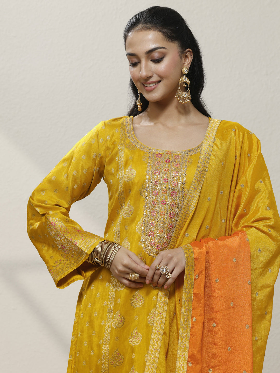  Mustard Embroidered Silk Blend Straight Suit Set With Dupatta 