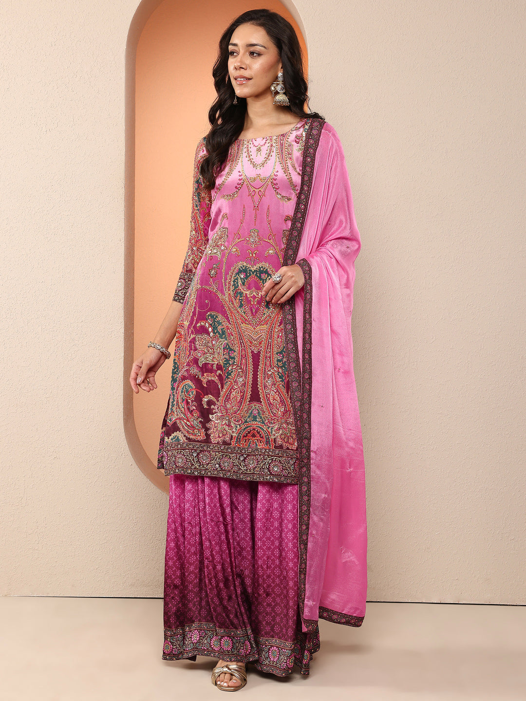  Libas Art Purple Printed Crepe Straight Suit Set With Dupatta 