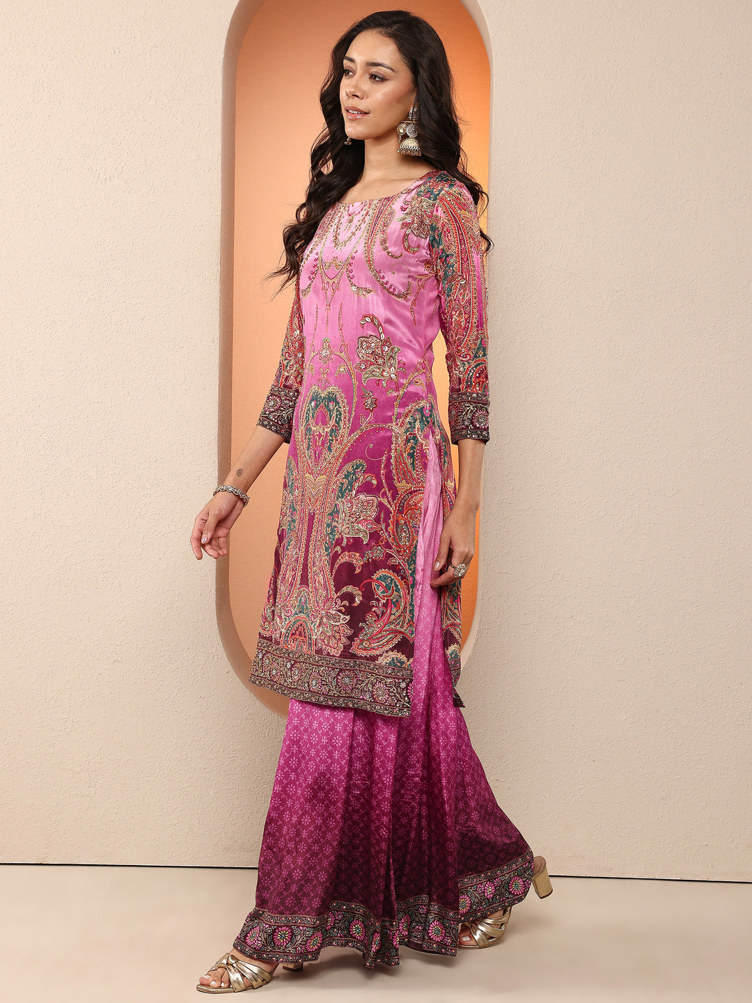  Libas Art Purple Printed Crepe Straight Suit Set With Dupatta 