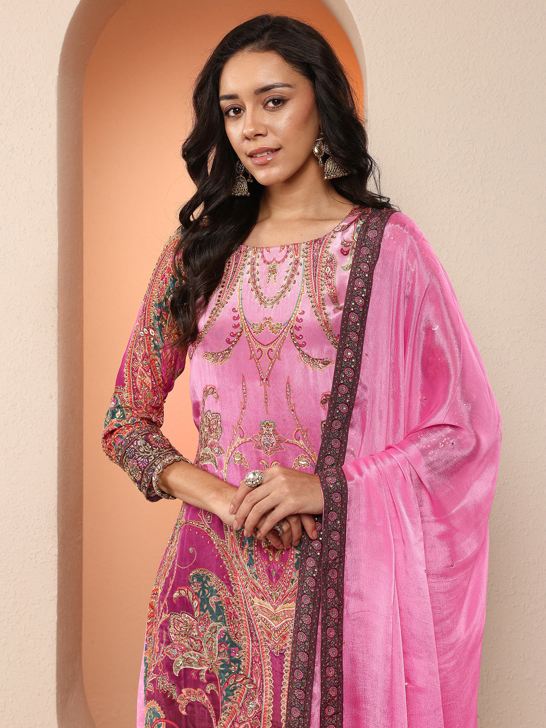  Libas Art Purple Printed Crepe Straight Suit Set With Dupatta 