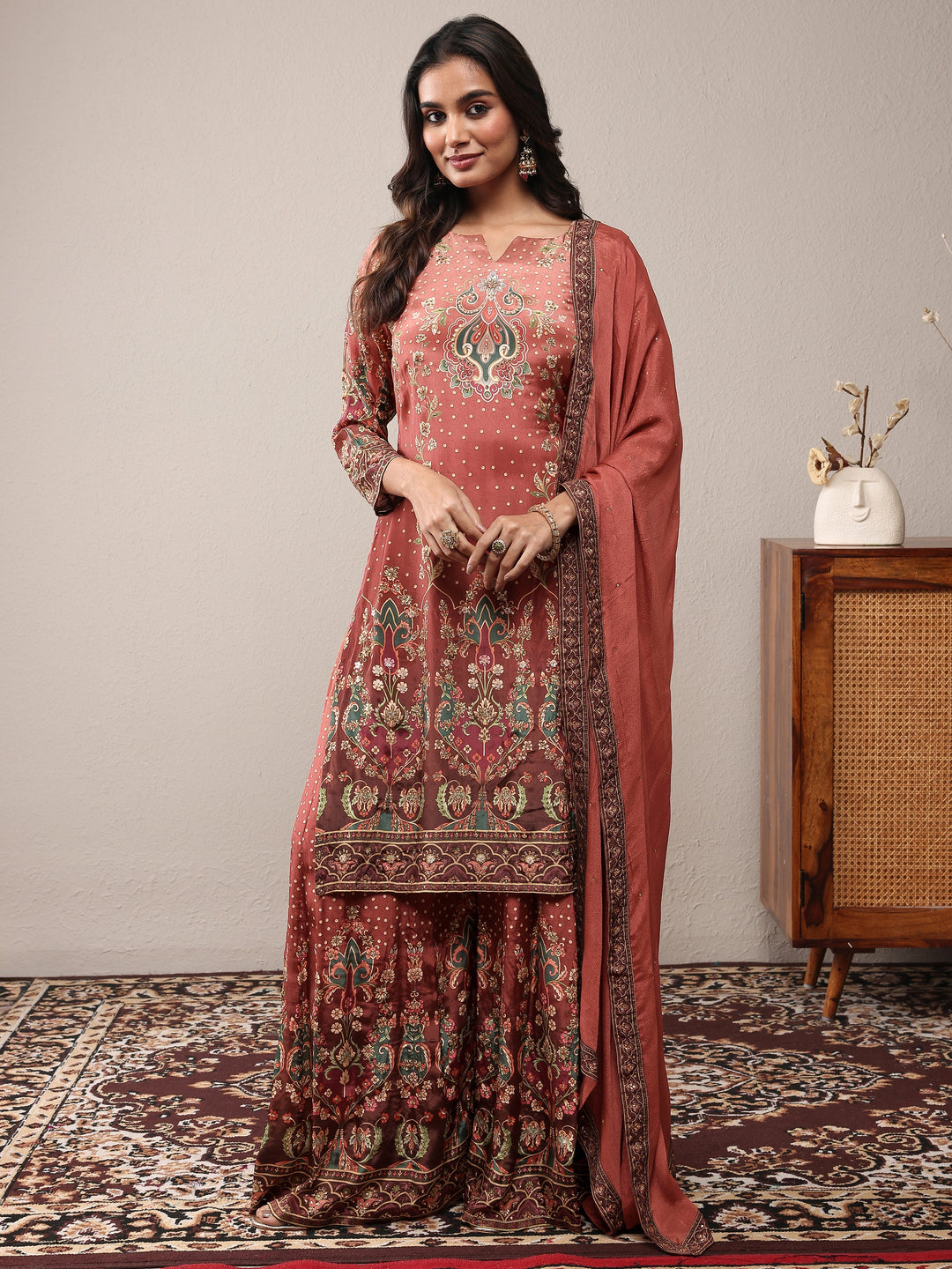 Libas Art Brown Printed Silk Crepe Straight Suit Set With Dupatta
