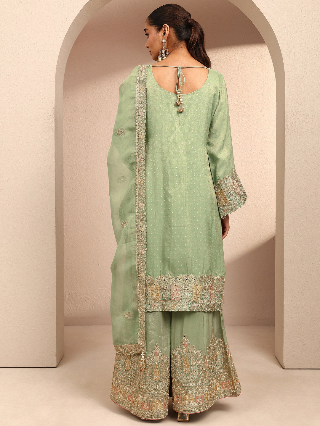  Libas Art Green Embroidered Silk Blend Straight Suit Set With Dupatta 