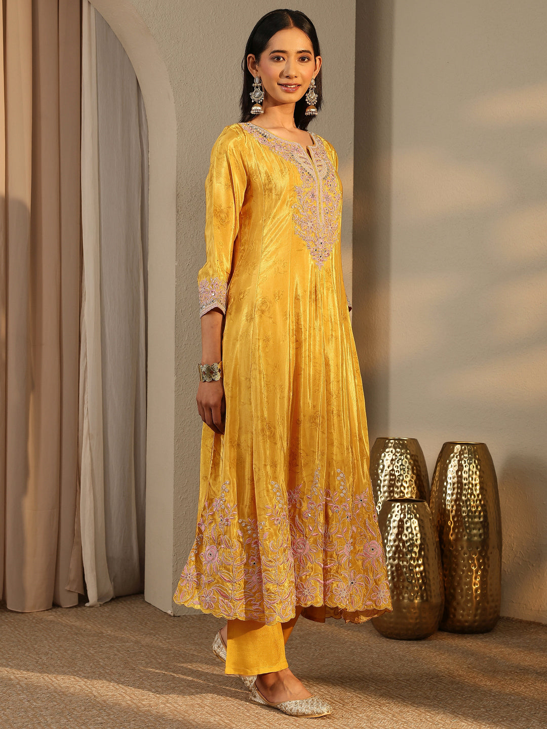  Libas Art Mustard Embroidered Crepe Anarkali Suit Set With Dupatta 