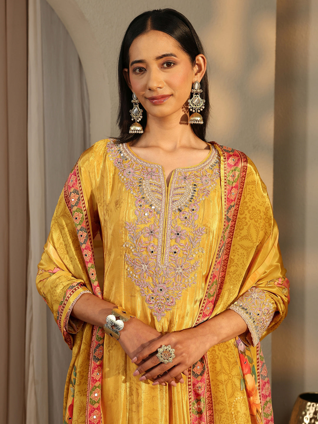  Libas Art Mustard Embroidered Crepe Anarkali Suit Set With Dupatta 