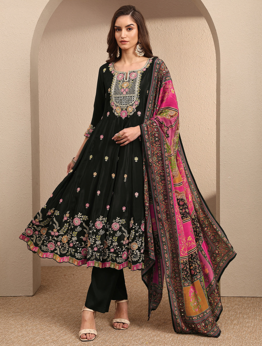  Libas Art Black Embroidered Crepe Anarkali Suit Set With Dupatta 