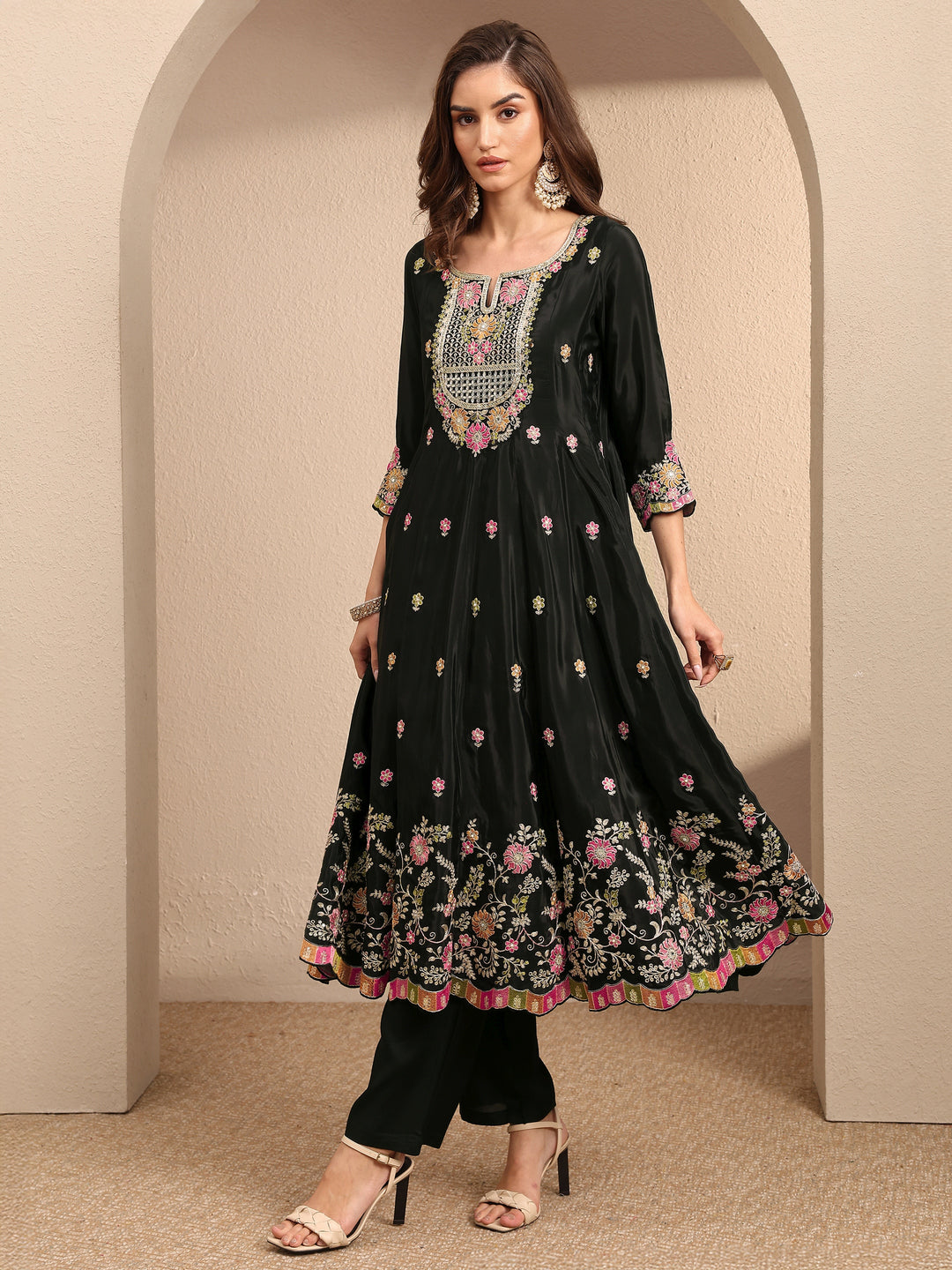  Libas Art Black Embroidered Crepe Anarkali Suit Set With Dupatta 