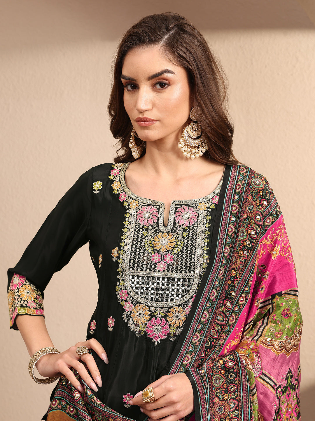  Libas Art Black Embroidered Crepe Anarkali Suit Set With Dupatta 