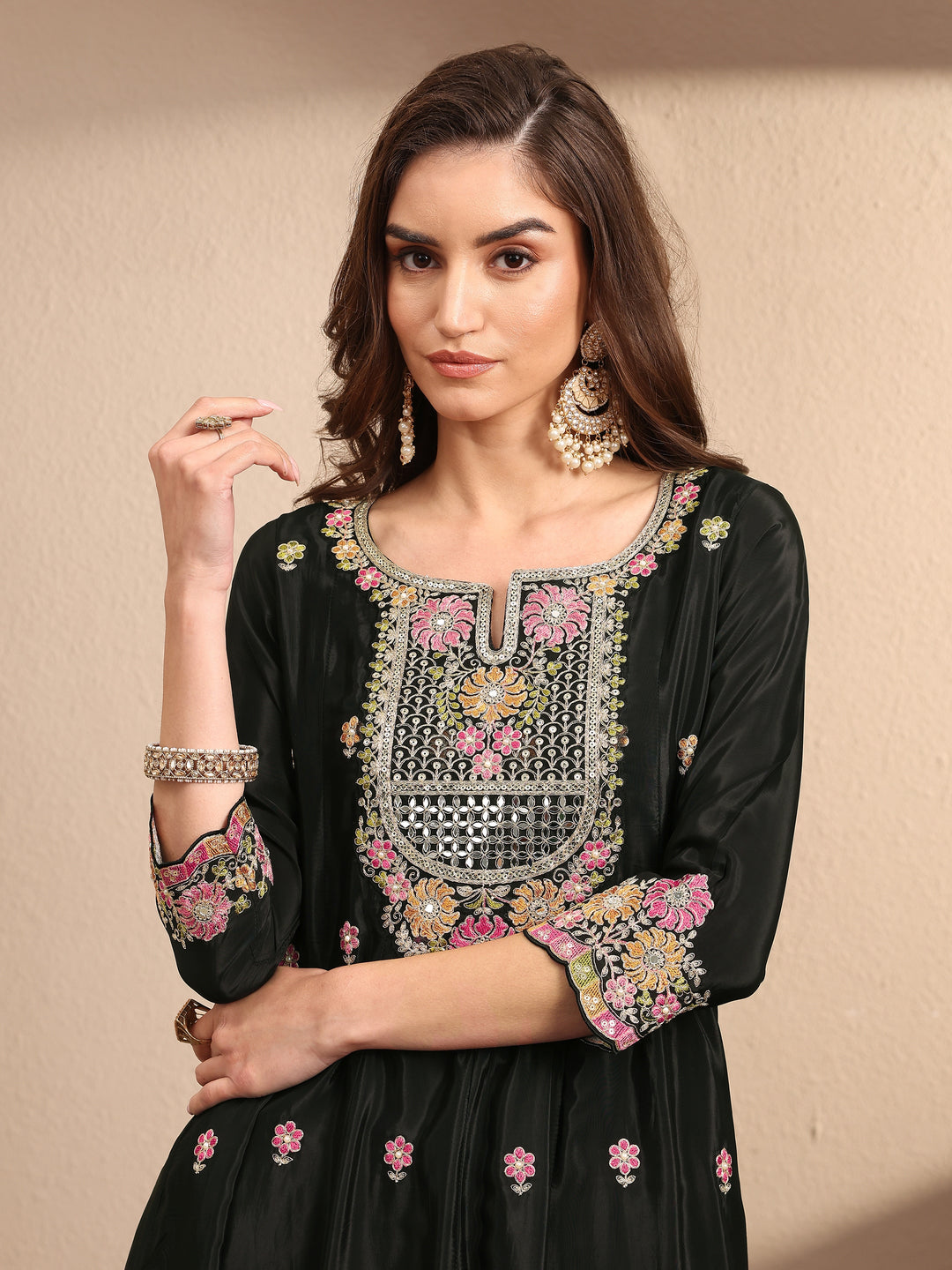  Libas Art Black Embroidered Crepe Anarkali Suit Set With Dupatta 