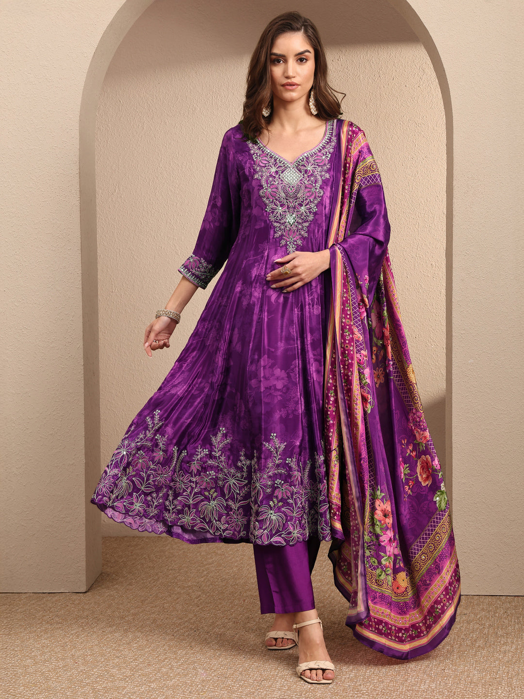  Libas Art Purple Embroidered Crepe Anarkali Suit Set With Dupatta 