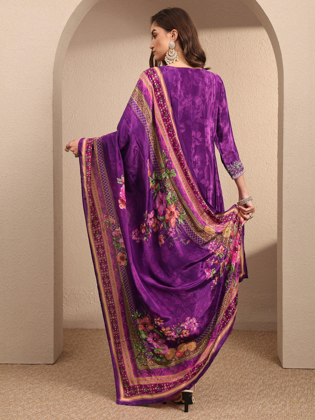  Libas Art Purple Embroidered Crepe Anarkali Suit Set With Dupatta 