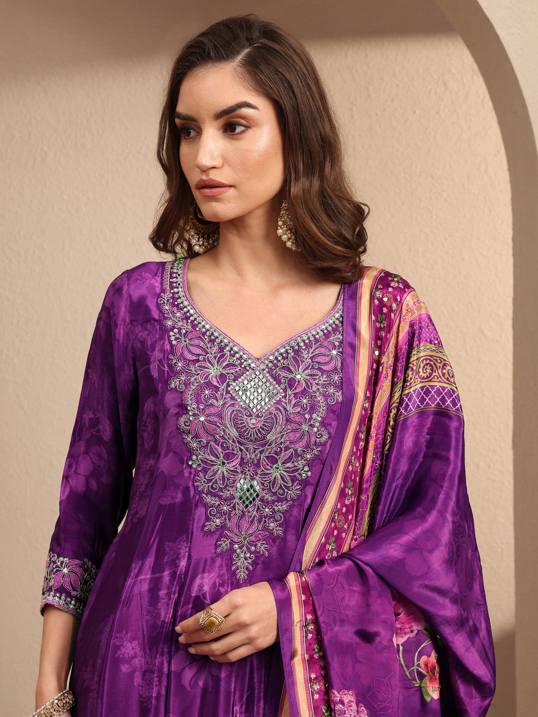  Libas Art Purple Embroidered Crepe Anarkali Suit Set With Dupatta 