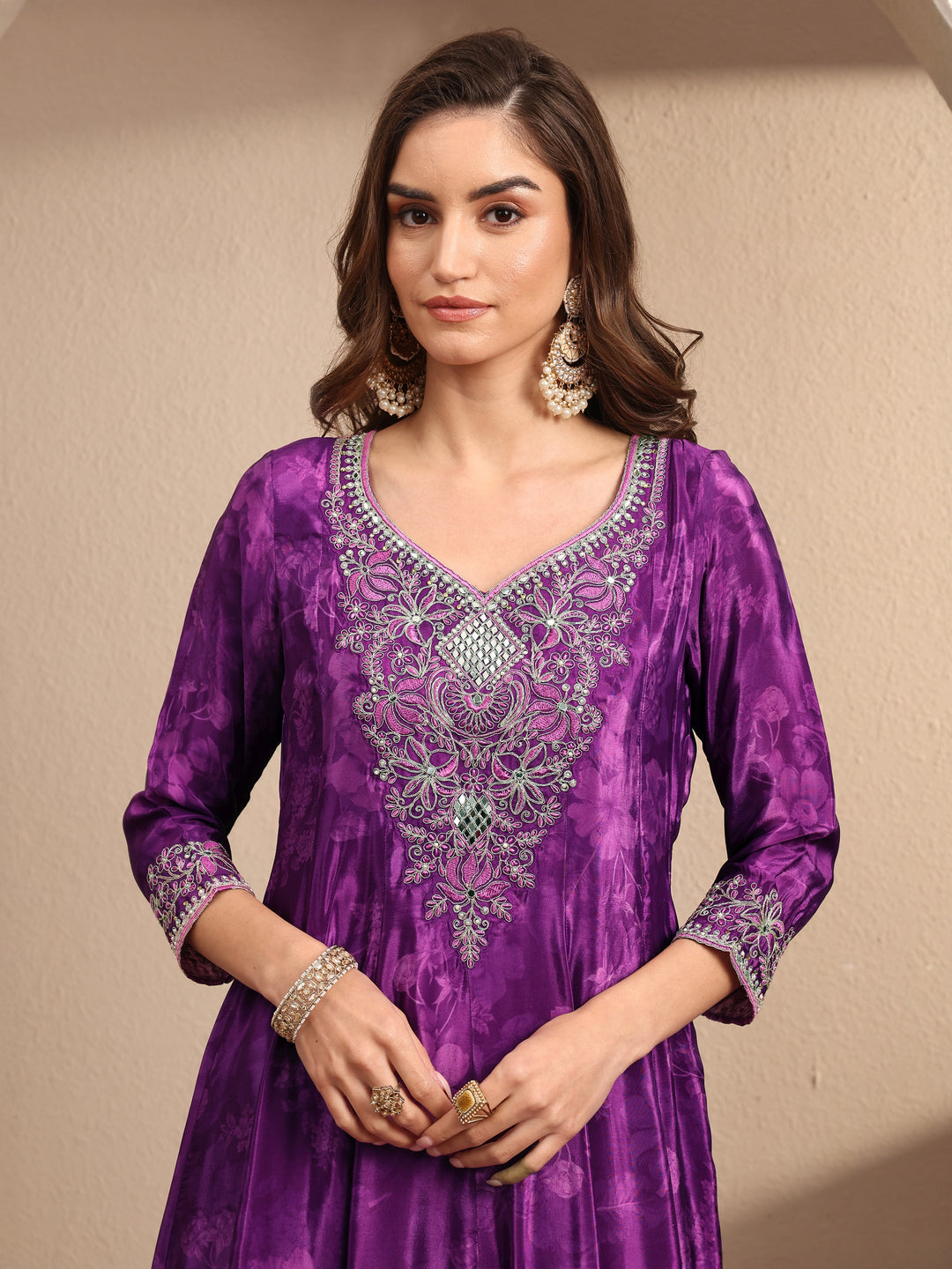 Libas Art Purple Embroidered Crepe Anarkali Suit Set With Dupatta 