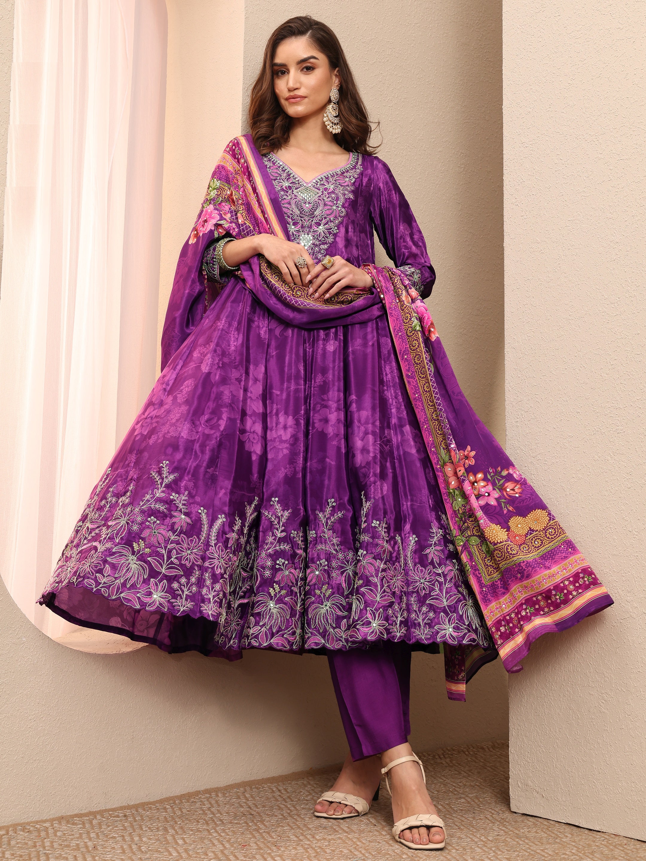 Libas Art Purple Embroidered Crepe Anarkali Suit Set With Dupatta-image-37