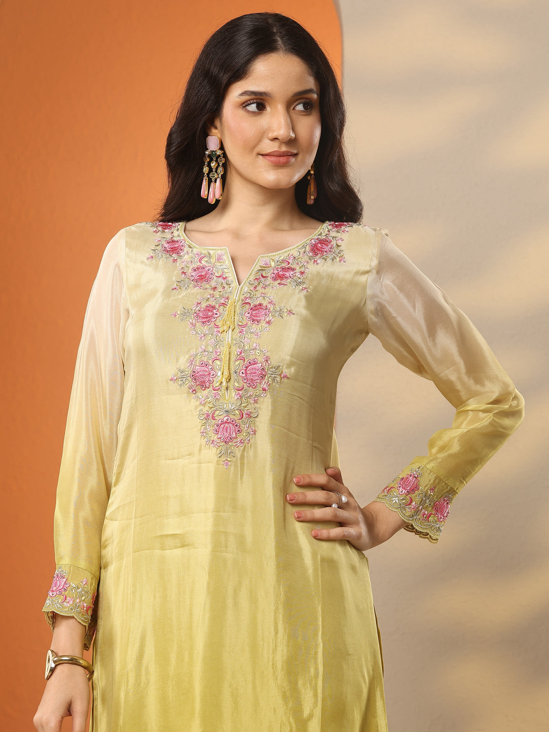  Yellow Embroidered Crepe Straight Suit Set With Dupatta 