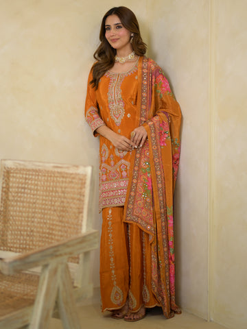 Libas Art Orange Embroidered Crepe Straight Suit Set With Dupatta