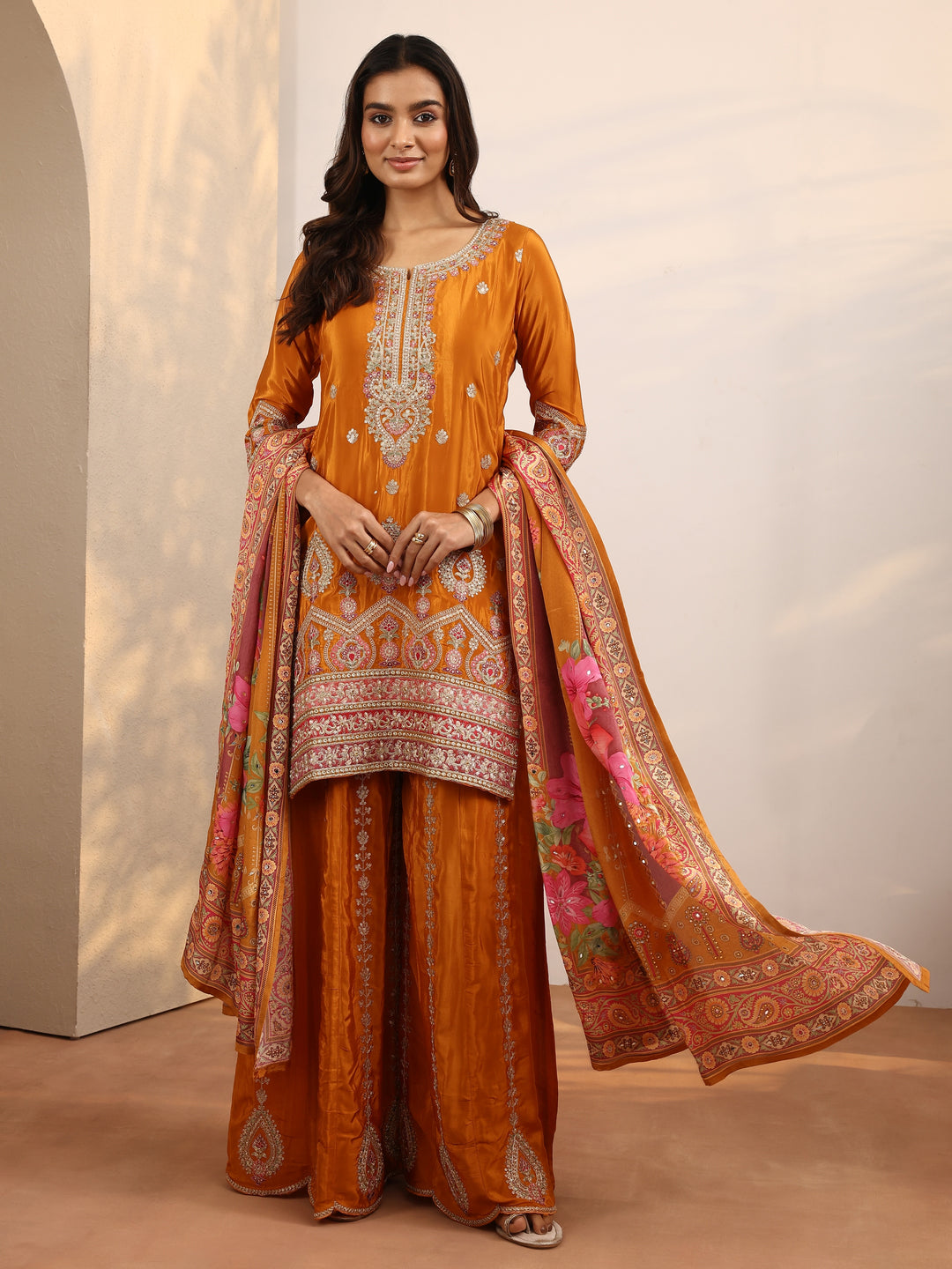  Libas Art Orange Embroidered Crepe Straight Suit Set With Dupatta 