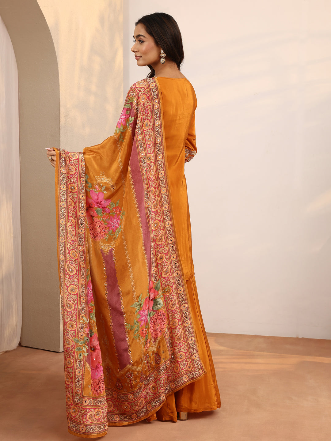  Libas Art Orange Embroidered Crepe Straight Suit Set With Dupatta 