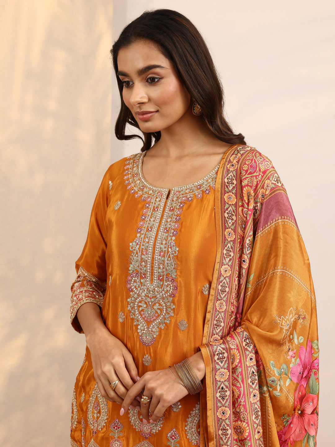  Libas Art Orange Embroidered Crepe Straight Suit Set With Dupatta 
