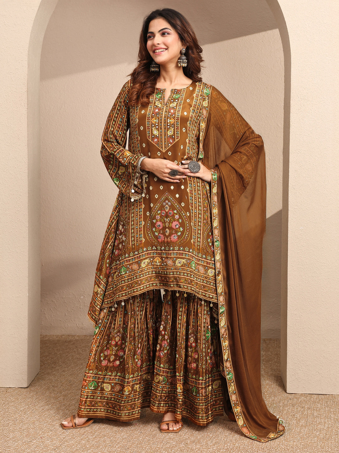  Brown Printed Crepe Straight Suit Set With Dupatta 