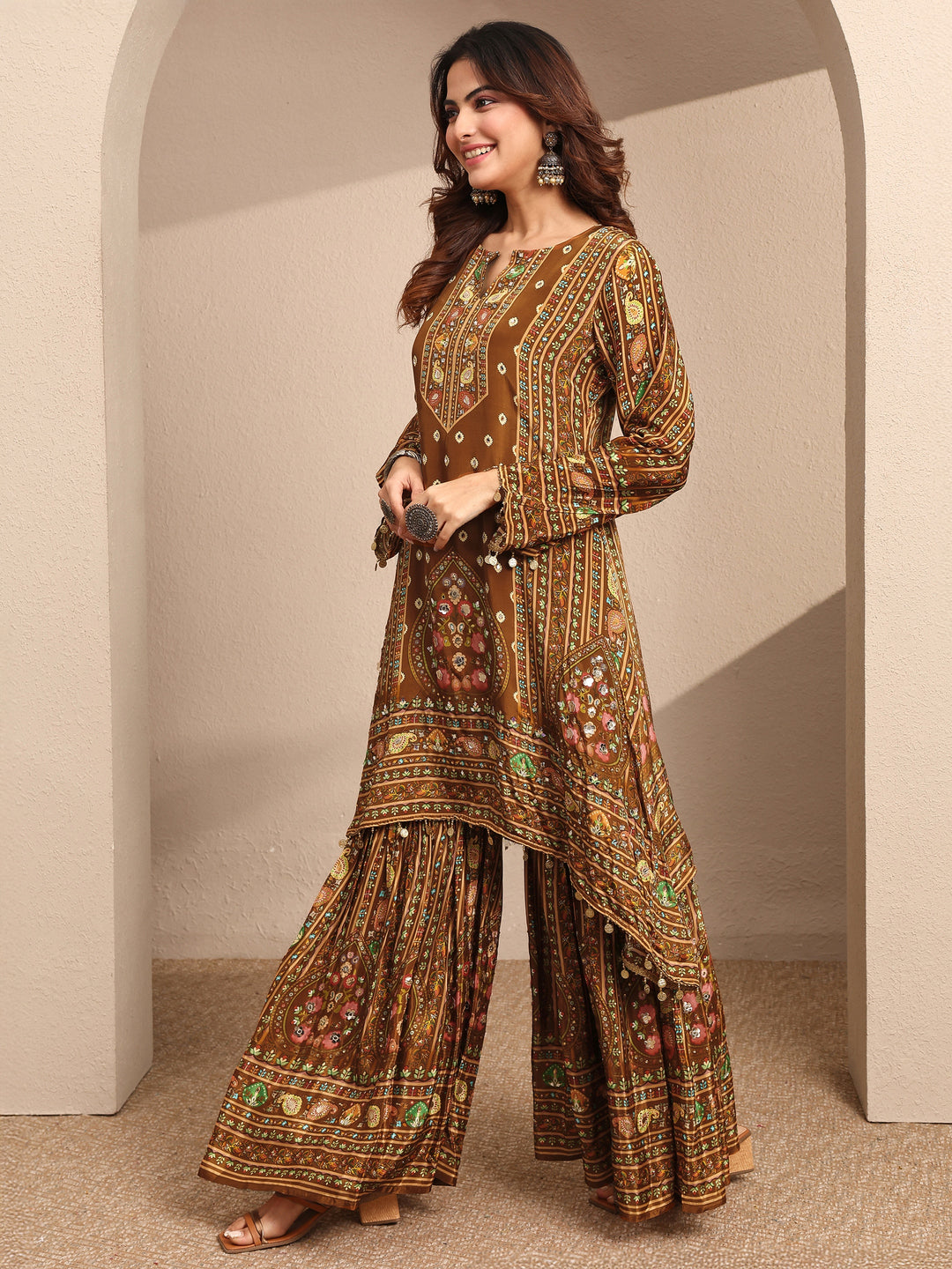  Brown Printed Crepe Straight Suit Set With Dupatta 