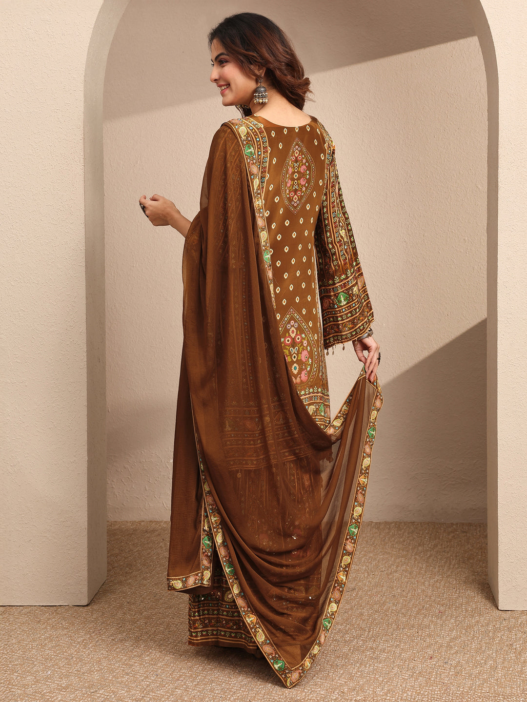  Brown Printed Crepe Straight Suit Set With Dupatta 