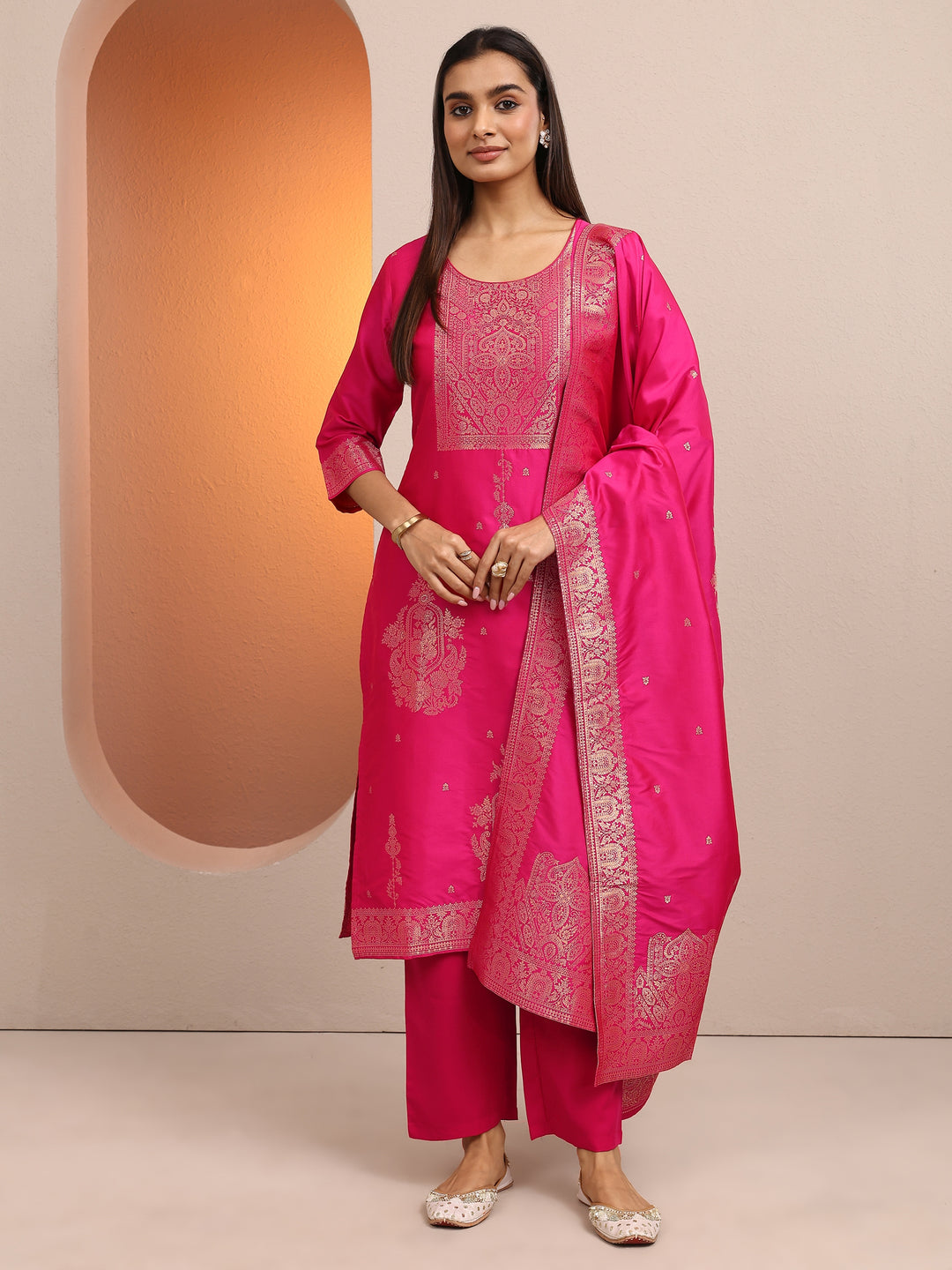  Pink Woven Design Silk blend Straight Suit Set With Dupatta 