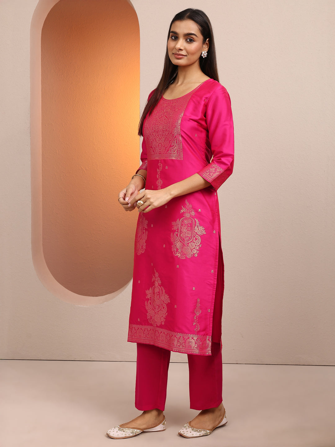  Pink Woven Design Silk blend Straight Suit Set With Dupatta 