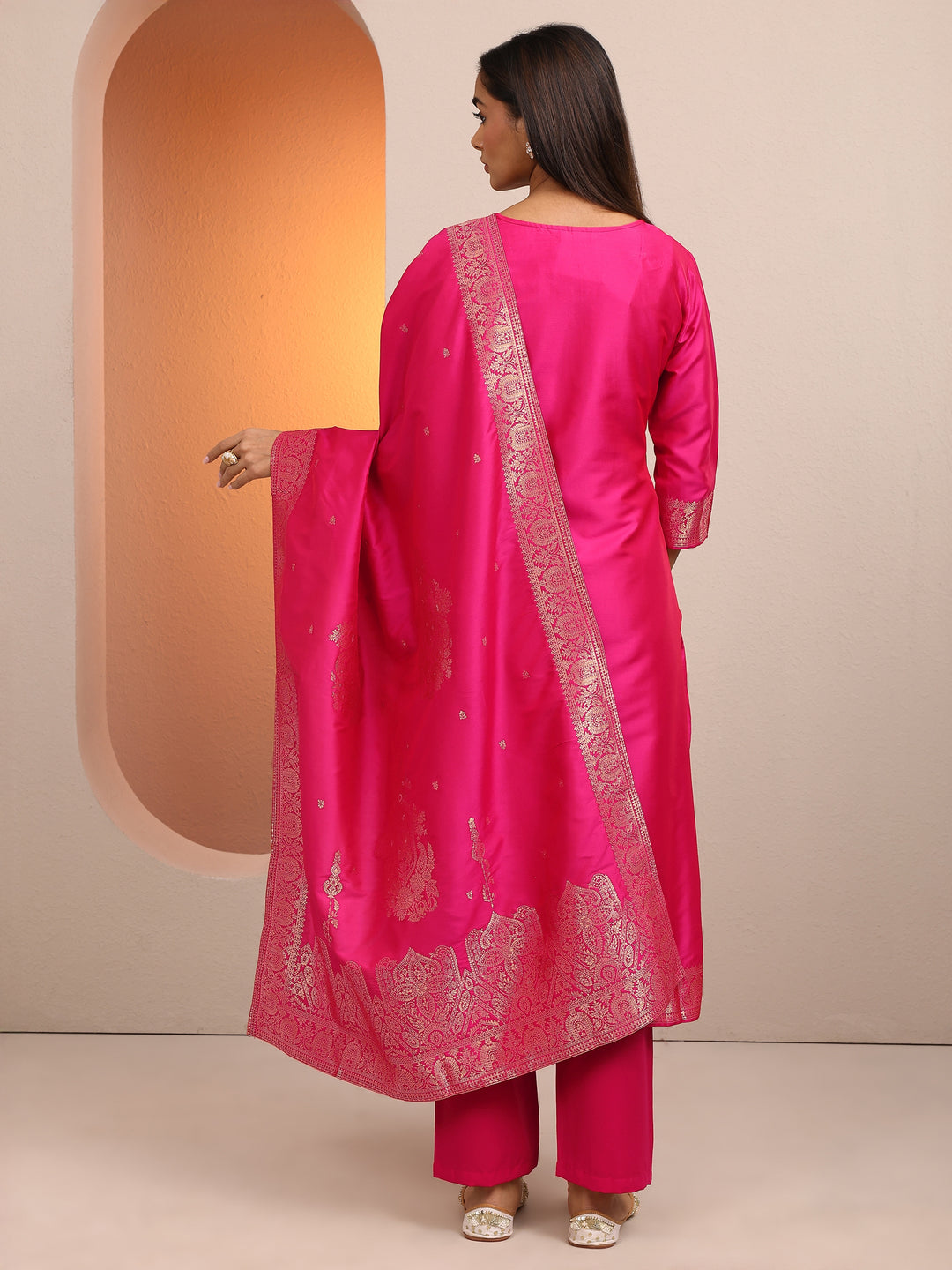  Pink Woven Design Silk blend Straight Suit Set With Dupatta 