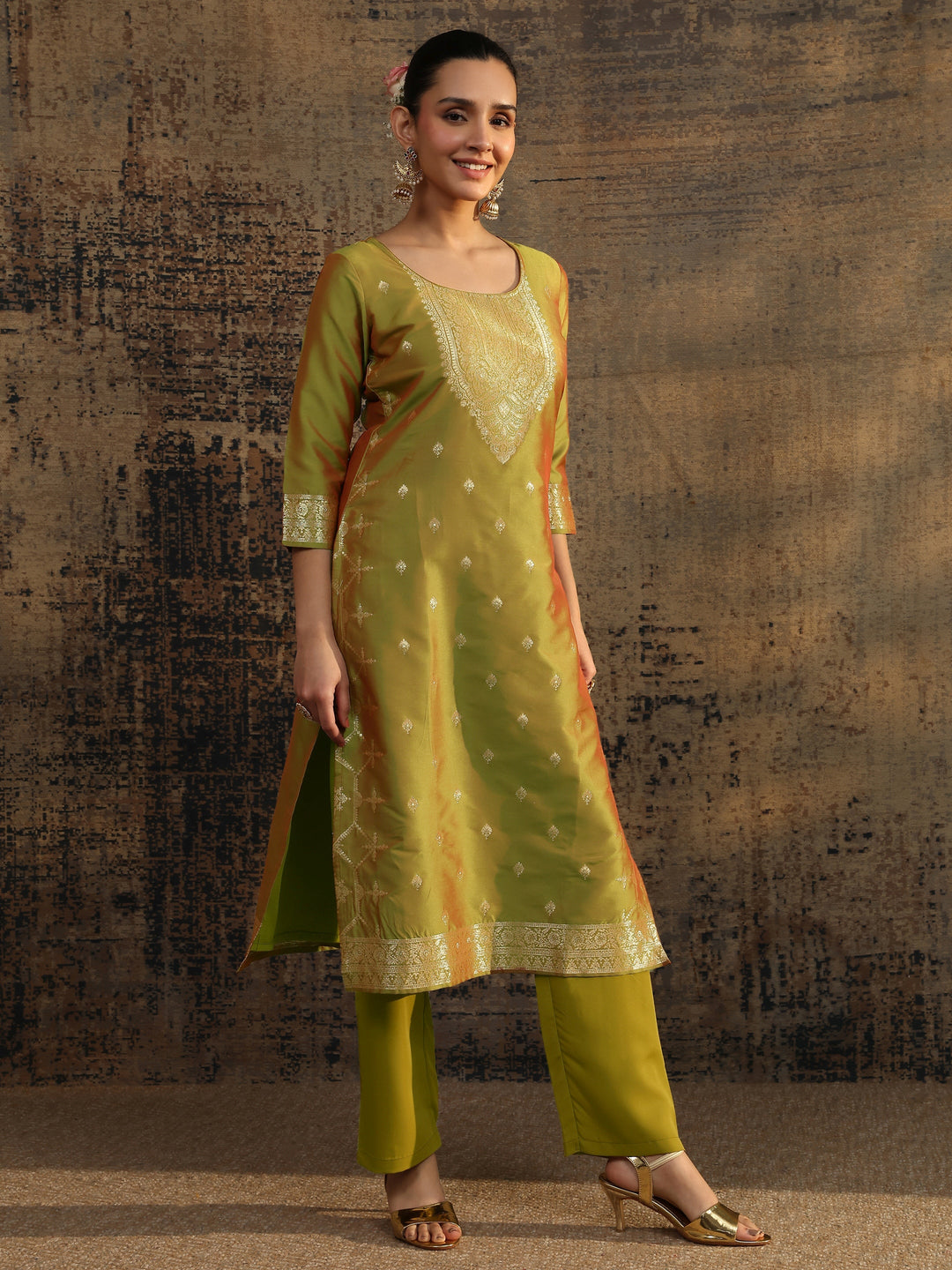  Olive Woven Design Silk Blend Straight Suit Set With Dupatta 