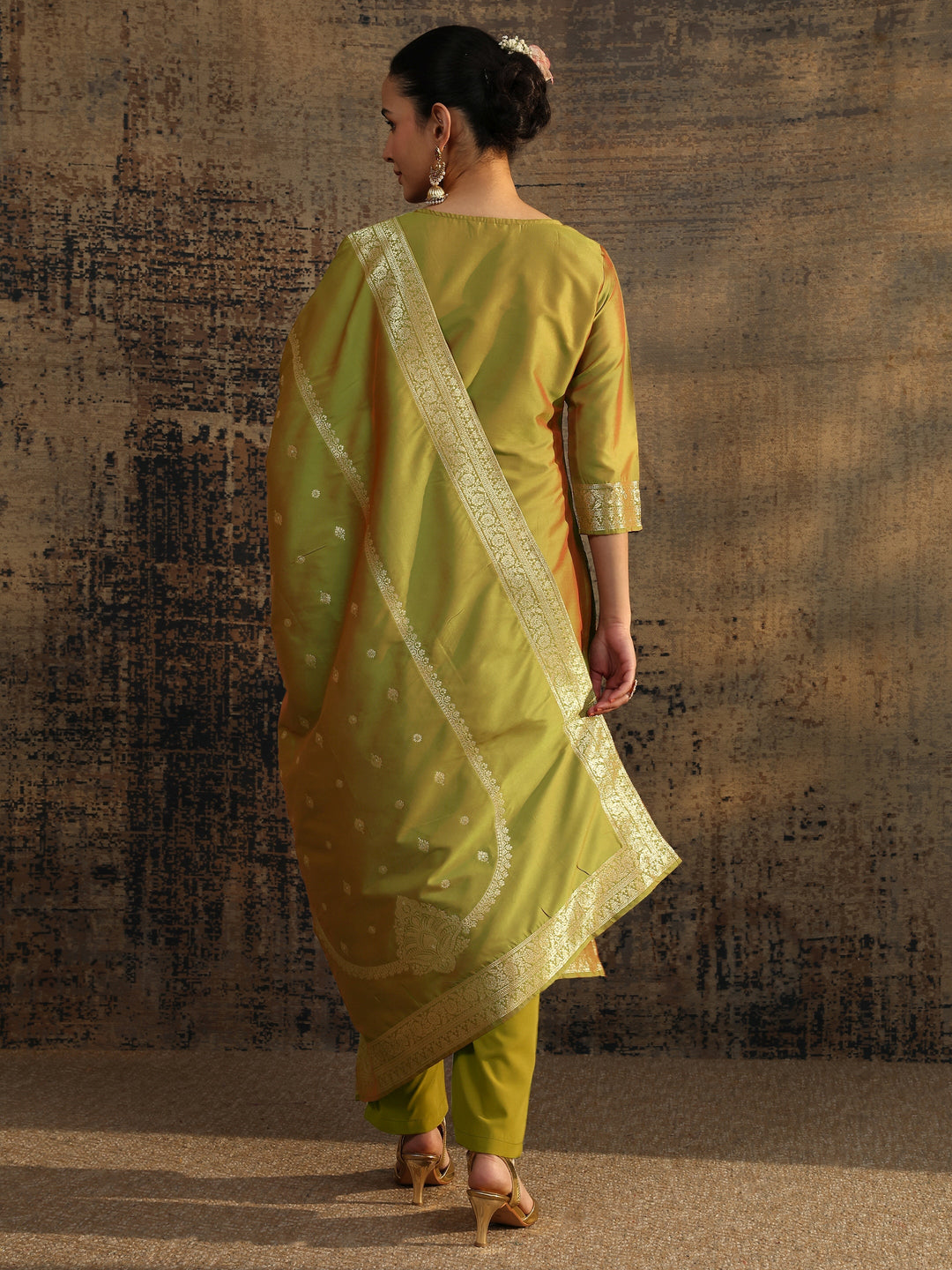  Olive Woven Design Silk Blend Straight Suit Set With Dupatta 