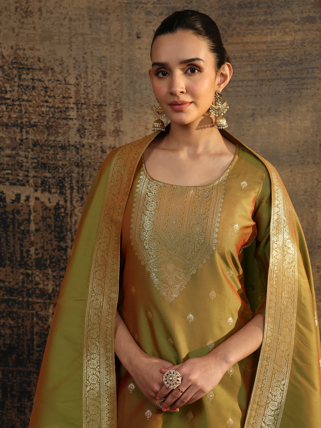  Olive Woven Design Silk Blend Straight Suit Set With Dupatta 